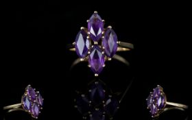 Ladies - Nice Quality 9ct Gold Amethyst Set Cluster Ring, Flower head.