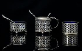 Victorian Period Nice Quality Silver Cruet Set ( 3 ) 2 Pieces with Blue Liner and Very Fine Ornate