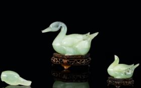 Chinese Pair of Hand Carved Early 20th Century Natural Celadon Jade Mandarin Duck Figures /
