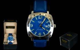 Helbros - Mens Date-Just Colorama Silver Tone Wrist Watch, With Blue Soft Leather Strap. Features