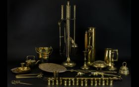 Collection of Brass Ware To Include Fire Irons, Candle Holders, Ice Bucket, Figure,