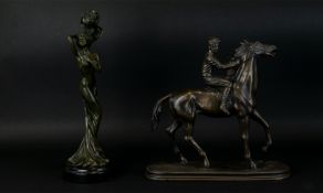 2 Bronzed Figures, Comprising 1/ Jockey and a Horse Galloping, Mounted on Plinth.