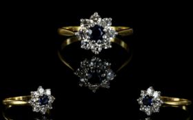 18ct Gold and Platinum Nice Quality Sapphire and Diamond Set Cluster Ring, Flower head Setting.