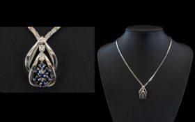 Ladies - Attractive 9ct White Gold Necklace with Diamond and Sapphire Set Drop.