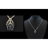 Ladies - Attractive 9ct White Gold Necklace with Diamond and Sapphire Set Drop.