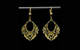 Ladies - Pair of Attractive 9ct Gold Ornate / Pierced Drop Earrings.