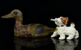 A Hard Wooden Decoy Duck Some issues with condition, please see accompanying image, approx 12 inches