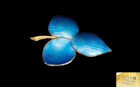 Sterling Silver Vintage Norwegian Guilloche Enamel Leaf Brooch Marked to underside 9255 R Sterling