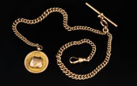 Antique Period 9ct Gold Double Albert Watch Chain with Attached T-Bar and Fob / Medal.