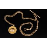 Antique Period 9ct Gold Double Albert Watch Chain with Attached T-Bar and Fob / Medal.