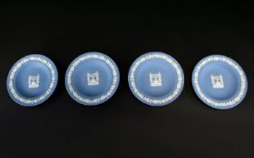 Four Blue on White Jasper Menorah Round Dishes. White on pale blue ground and with original boxes.
