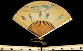 Antique Japanese Fan With Bone Inlay Stays Hand painted paper fan with figurative design to one