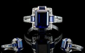 Tova - Diamonique Simulated Blue Sapphire Ring Set In Sterling Silver Shank. Retro Styling.