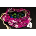 A Collection Of Vintage Glass Marbles Housed in floral printed drawstring pouch,