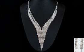 Long V Shape White Crystal Necklace and Drop Earring Set,