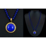 A Stunning Cabouchon Cut Lapis Lazuli Set 9ct Gold Circular Pendant with Attached Matching Lapis