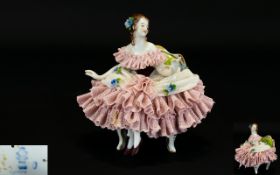 German 19th Century Small Porcelain Lace Figurine - Seated, of Superb Quality.