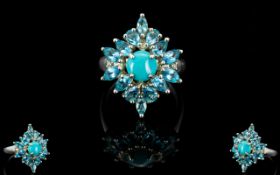 Ladies - Excellent Quality Silver Blue Topaz Set Cluster Ring.