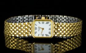 A Ladies Rotary Watch With brick link bracelet, square case, white ceramic dial with black Roman