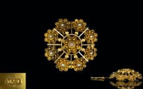 Mid Victorian Period - Attractive 15ct Gold Brooch, Set with Seed Pearls Starburst Design.