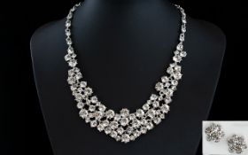 White Radiant Austrian Crystal Articulated Necklace and Cluster Stud Earring Set, large, sparkling,