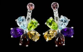 Multi Gemstone Floral Drop Earrings, each earring comprising five pear cut stones,