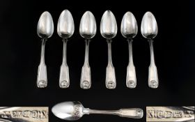 Chinese Export Rare Set of Six Fiddle Thread and Shell Pattern Silver Teaspoons.