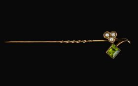 Antique Period 9ct Gold - Attractive Peridot and Seed Pearl Stick Pin. Marked 9ct. c.1880's.