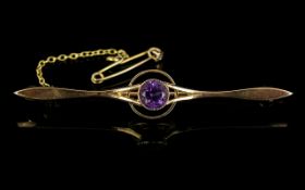 Edwardian Period 15ct Gold Amethyst Set Brooch with Attached 15ct Gold Safety Chain. Marked 15ct,
