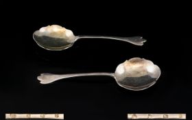 Elizabeth II Pair of Sterling Silver Preserve Spoons. Rattail Design. Hallmark Sheffield 1959.