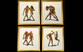 Set Of Four Framed Erotica Watercolours Titled 'Bridge' 'Embrace' 'Naked Tango' 'Orpheus +