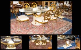 Contemporary Glass And Gilded Metal Dining Suite And Accompanying Console Table Each with Compass