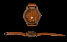 Gents Fashion Wrist Watch. Wood Effect Strap.