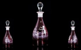 Mary Gregory Style Cranberry Glass Decanter of Superior Quality and Condition. Height 11.