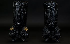 Victorian Period Pair of Sowerby Slag Glass Ornate Lion Footed Vases. c.1890 - Please See Photo.