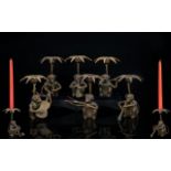 Unusual / Comical Cast Brass Monkey Band, In The Form of Figural Monkey Candlesticks,