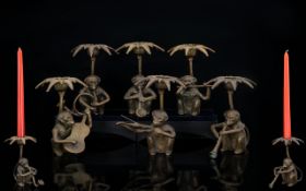 Unusual / Comical Cast Brass Monkey Band, In The Form of Figural Monkey Candlesticks,