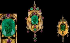 An Early 19th Century Superb Renaissance Revival Emerald And Ruby Pendant Set with a large central