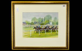 Rex Swallow Framed Original Watercolour Titled 'A Very Wet Oaks' Depicting race horses around track,