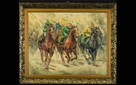 A Veccio Oil On Canvas Board, Horse Race Finish.