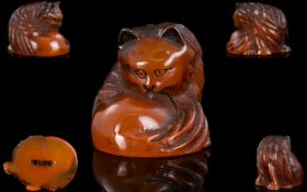 Japanese - Signed and Hand Carved Amber Netsuke, In The Form of a Cat.