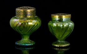 Two Late 19th Century Opalescent Glass Rose Bowls Each with original reticulated metal fog/grid.