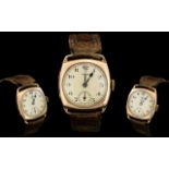 Gents - 9ct Rose Gold Mechanical Boys Size Wrist Watch, with Original Leather Strap. c.