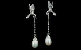 White Cultured Pearl Hummingbird Drop Earrings, 3D hummingbirds, with feather detailing,
