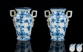 German - 19th Century Fine Quality Pair of Blue and White Miniature Porcelain Vases of Excellent