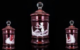 Mary Gregory Style Nice Quality Cranberry Glass Lidded Jar, In Wonderful Condition.