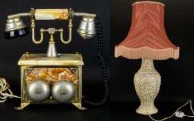 Onyx Telephone. Metal Mounts. Together With A Table Lamp And Shade.