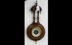 Edwardian Period Well Carved Walnut Banjo Barometer and Thermometer, The Well Shaped Pediment with