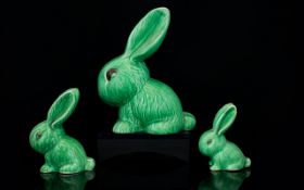 Sylvac Pottery of ( 3 ) Three Long Earred Rabbits Family In Green Colour way. Model No 1027.