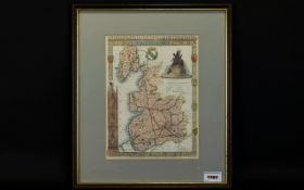 Old Framed Map of Lancashire In Colour Framed and Mounted Behind Glass. Size 15.5 x 13.